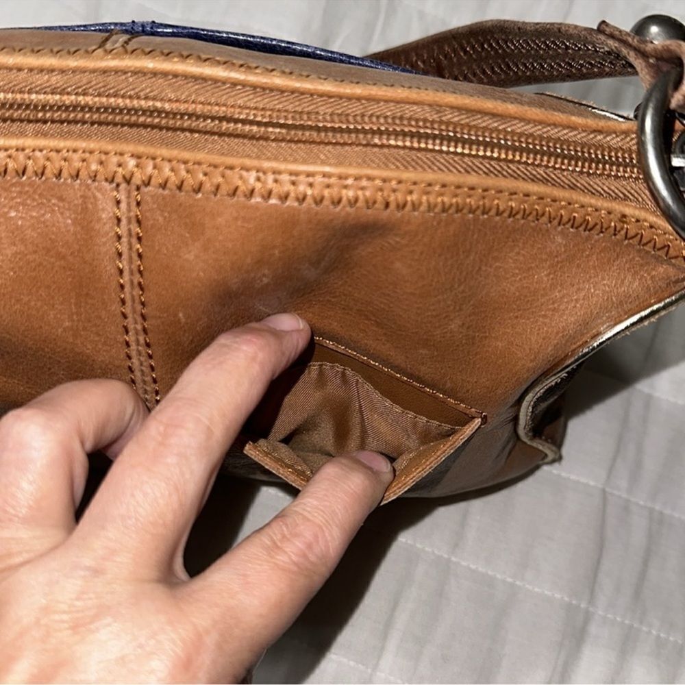 The Sak Blue Brown Gold Trim Genuine Leather Hobo Purse - Picture 11 of 16